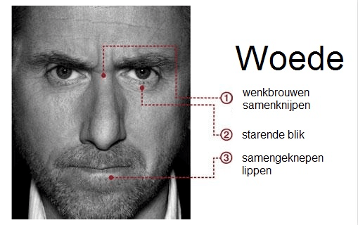 Woede brengt ook een aantal typerende veranderingen in je gezichtsuitdrukking met zich mee.